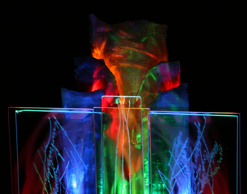 Fire And Ice Glass Steel Sculpture With Detail On Light And Steel