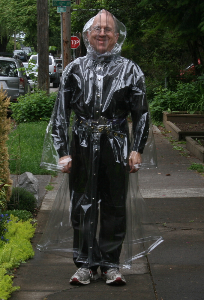 Hand Made Leather Suit Inside Clear Plastic Raincoat With Large Hood
